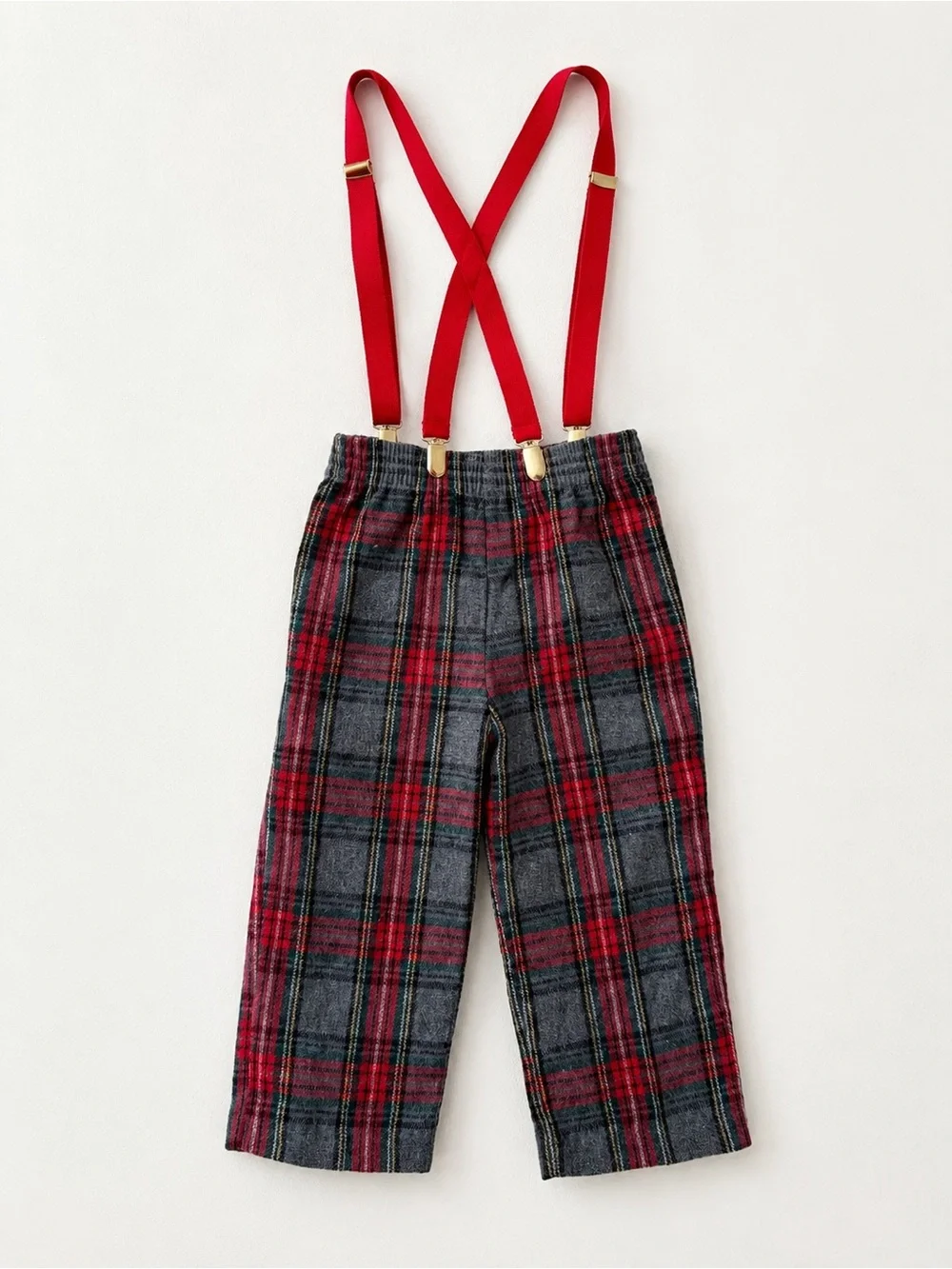 Vintage Toddler Plaid Suspender Pants 3T Red Gray Tartan Holiday Wool USA
